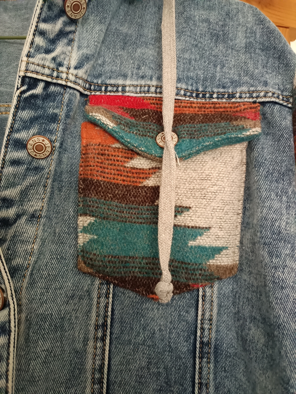 Denim Hooded Jacket with Aztec Trim - Blue/Teal - Picture 3 of 4